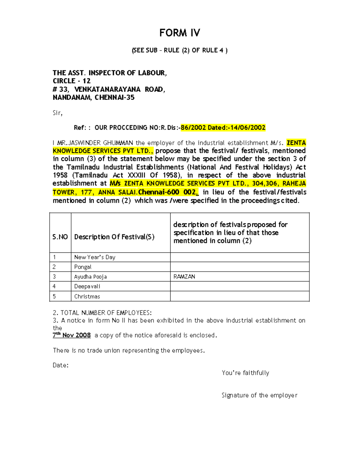 FORM IV - Request for Festival Specification under Tamilnadu Act XXXIII ...