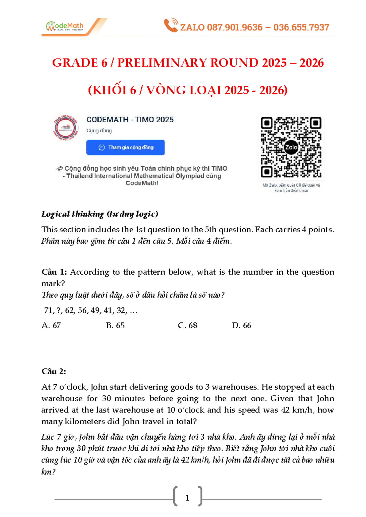 TIMO6 VL 2025 - GRADE 6 PRELIMINARY ROUND LOGICAL THINKING KEY - Studocu