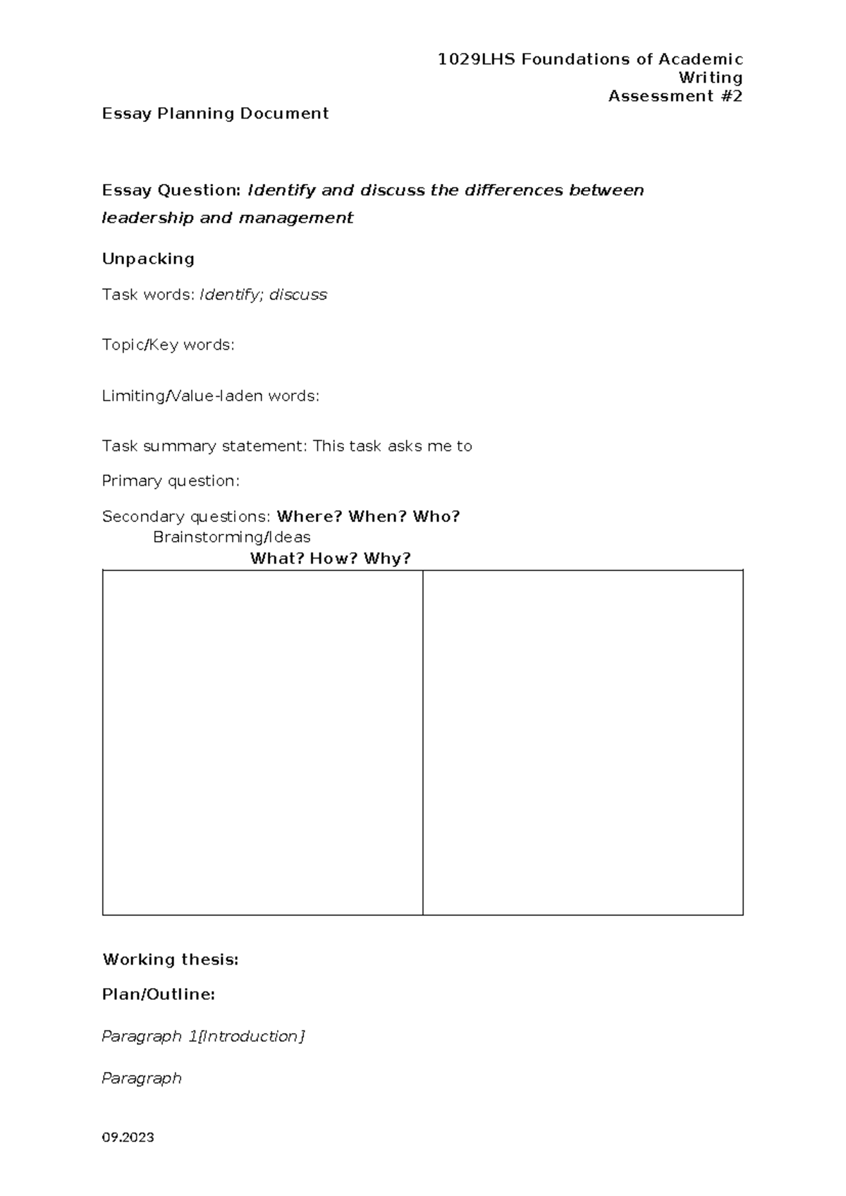 Essay Planning Template - 1019LHS - 1029LHS Foundations of Academic ...
