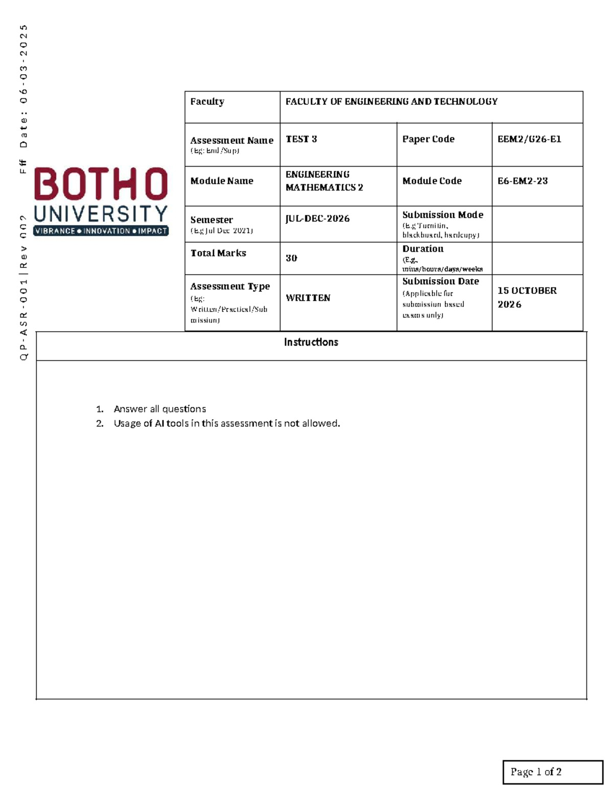 EM2 Assignment TEST OCT 2026 - Q P - A S R - 0 0 1 | R e v 0 0 2 E ff D ...