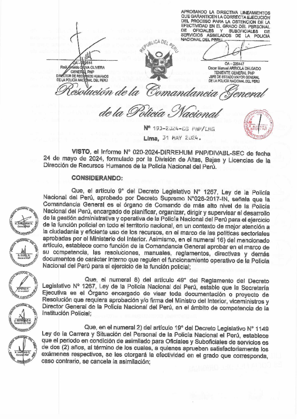 Directiva RCG N ° 193-2024-CG: Lineamientos para Efectividad del Personal PNP - Document Preview