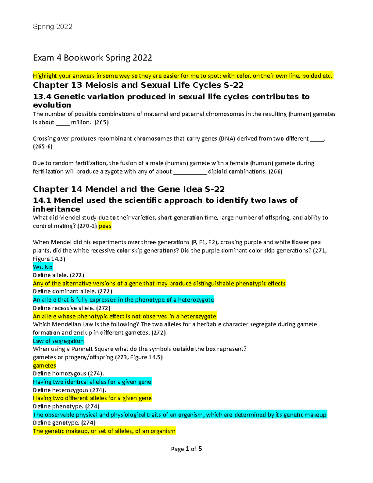 Exam 4 Study Guide: Meiosis, Genetics, and Evolution - Spring 2022 ...
