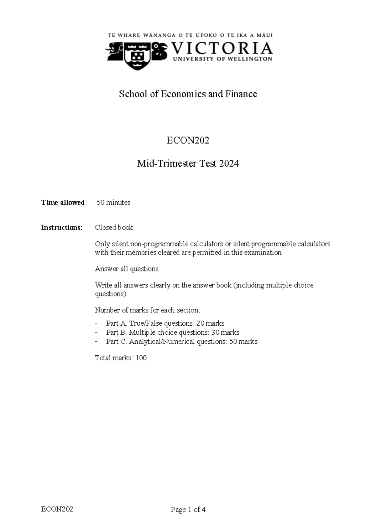 2024 ECON202 Test: Exam Instructions and Questions - Studocu