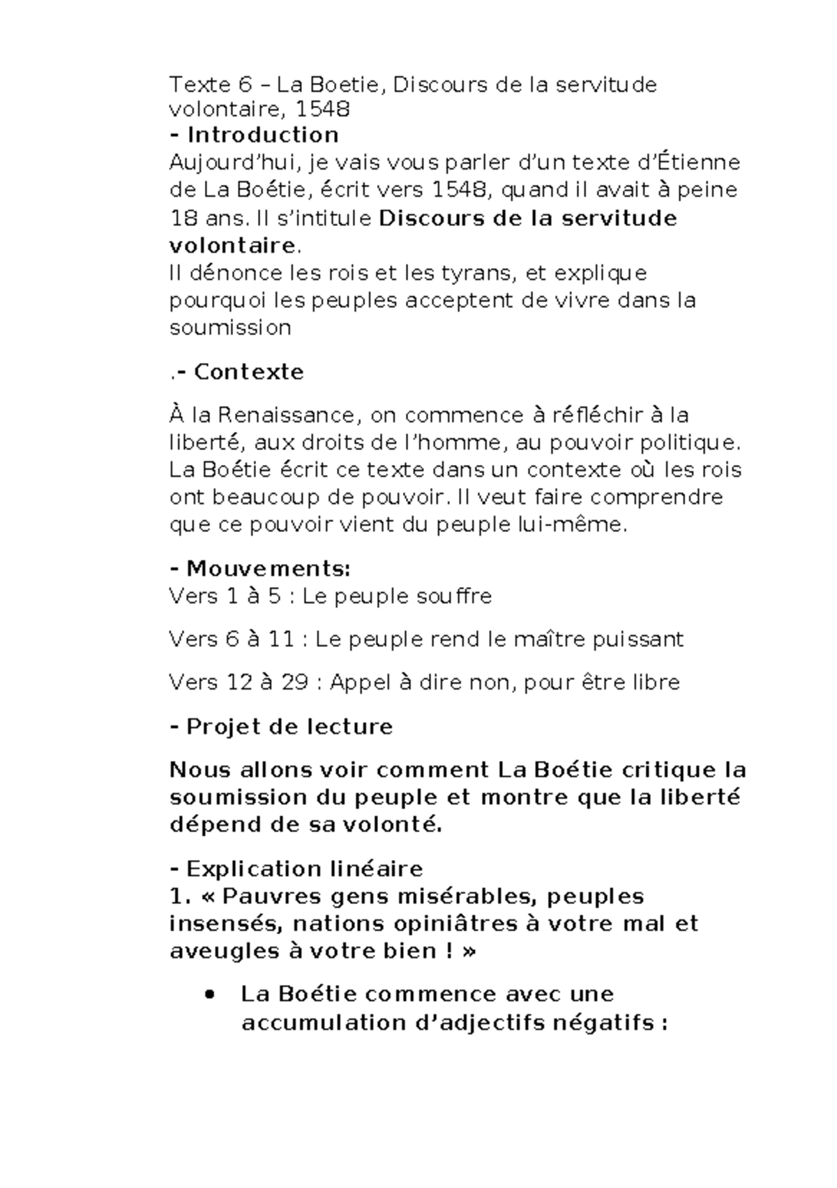Texte 6 - Fiches de Révisions sur La Boétie, Discours de la Servitude ...