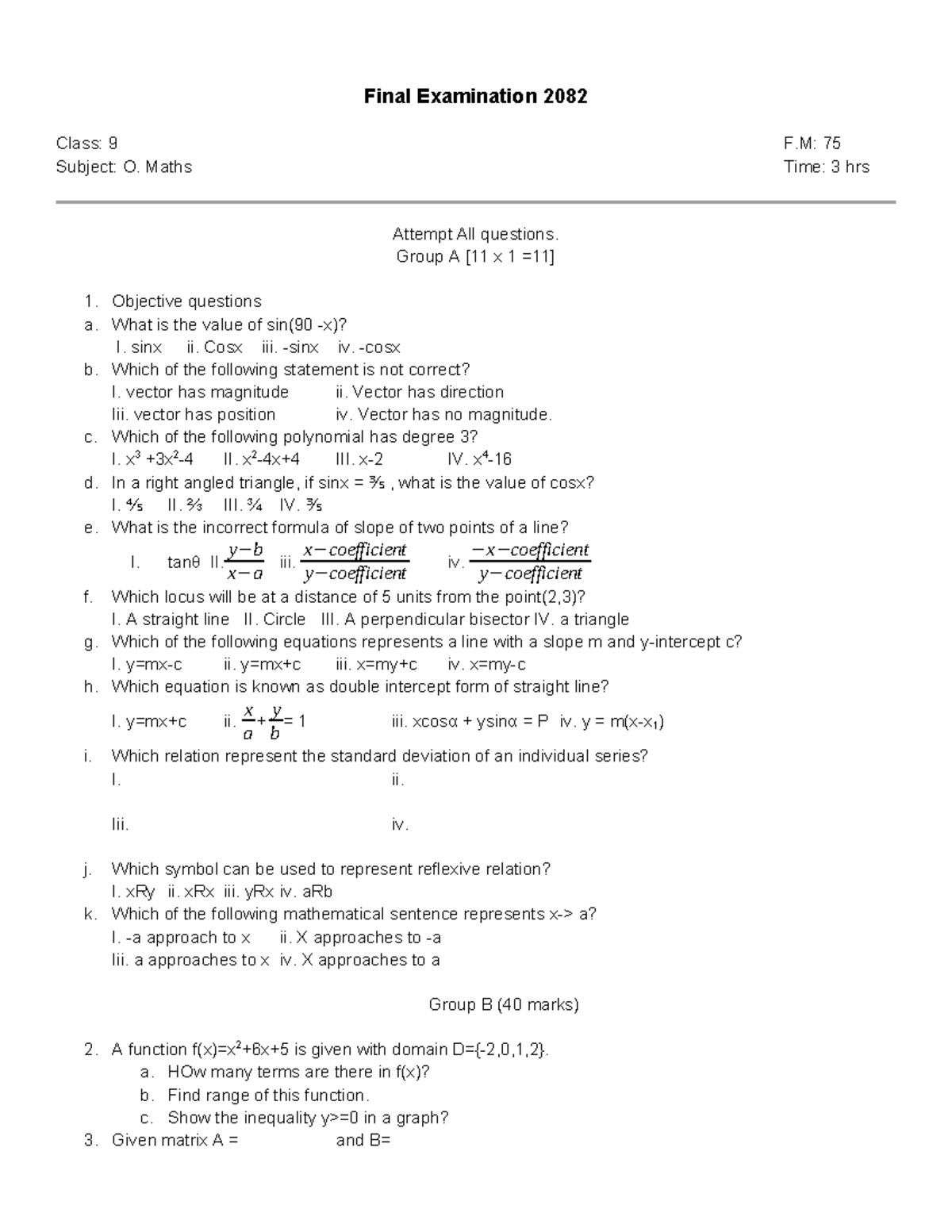 O. Maths Class 9 Final Exam 2082 - Comprehensive Review - Studocu