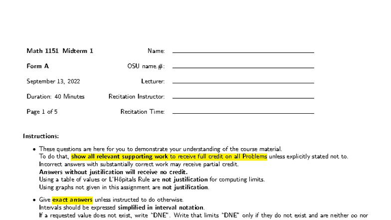 Math 1151 Midterm 1 Exam Form A - OSU September 2022 - Studocu