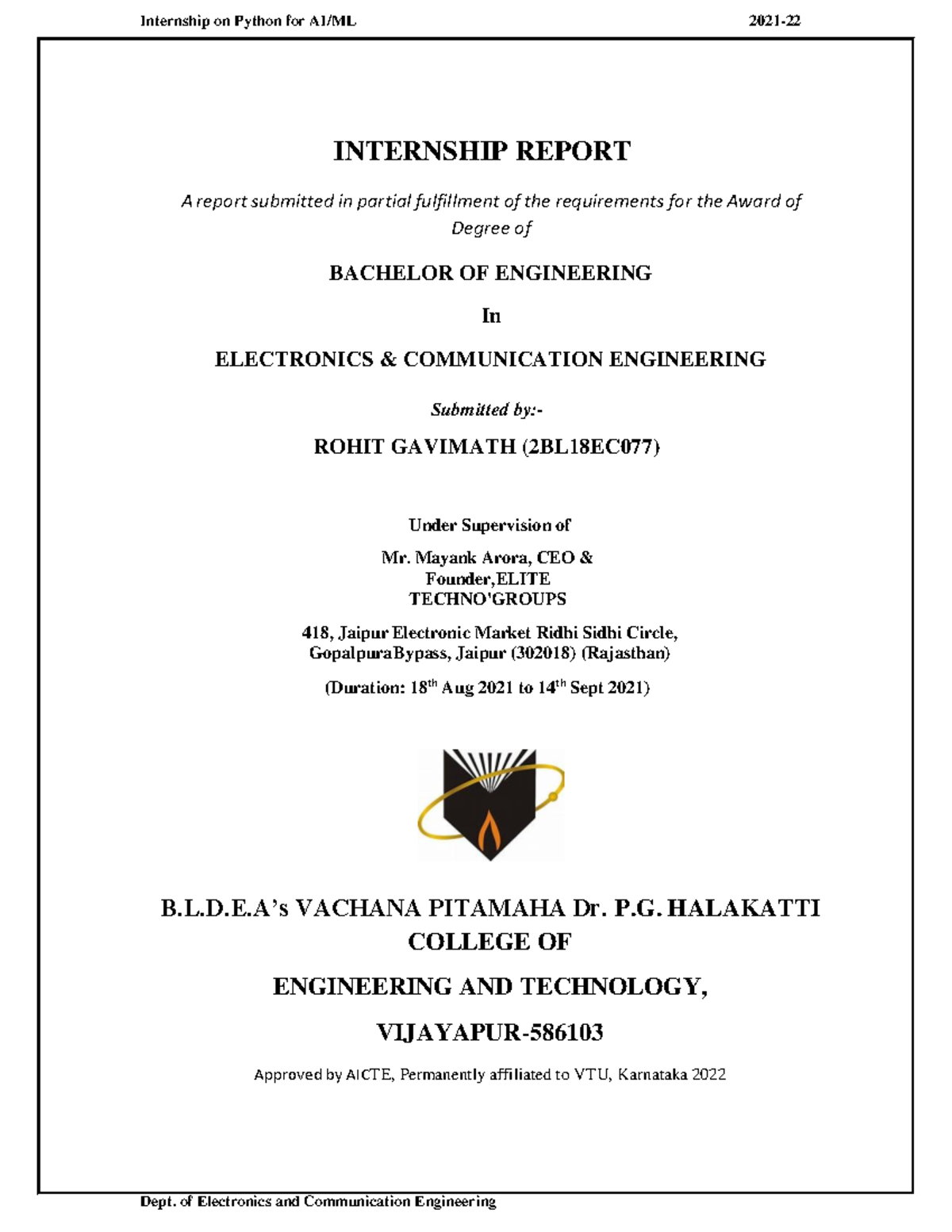 ETG Internship Report - Dept. of Electronics and Communication ...
