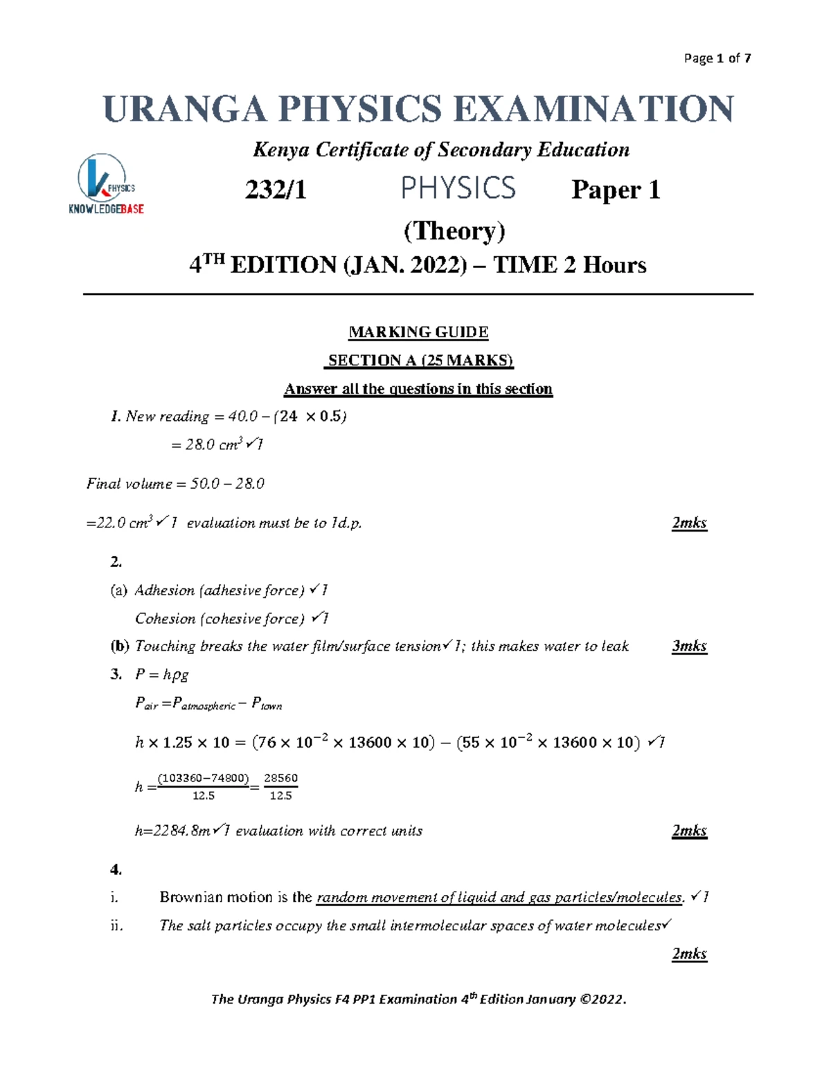 Uranga Physics 2021 Form 3 Paper 1 Joint Exam Notes - Studocu