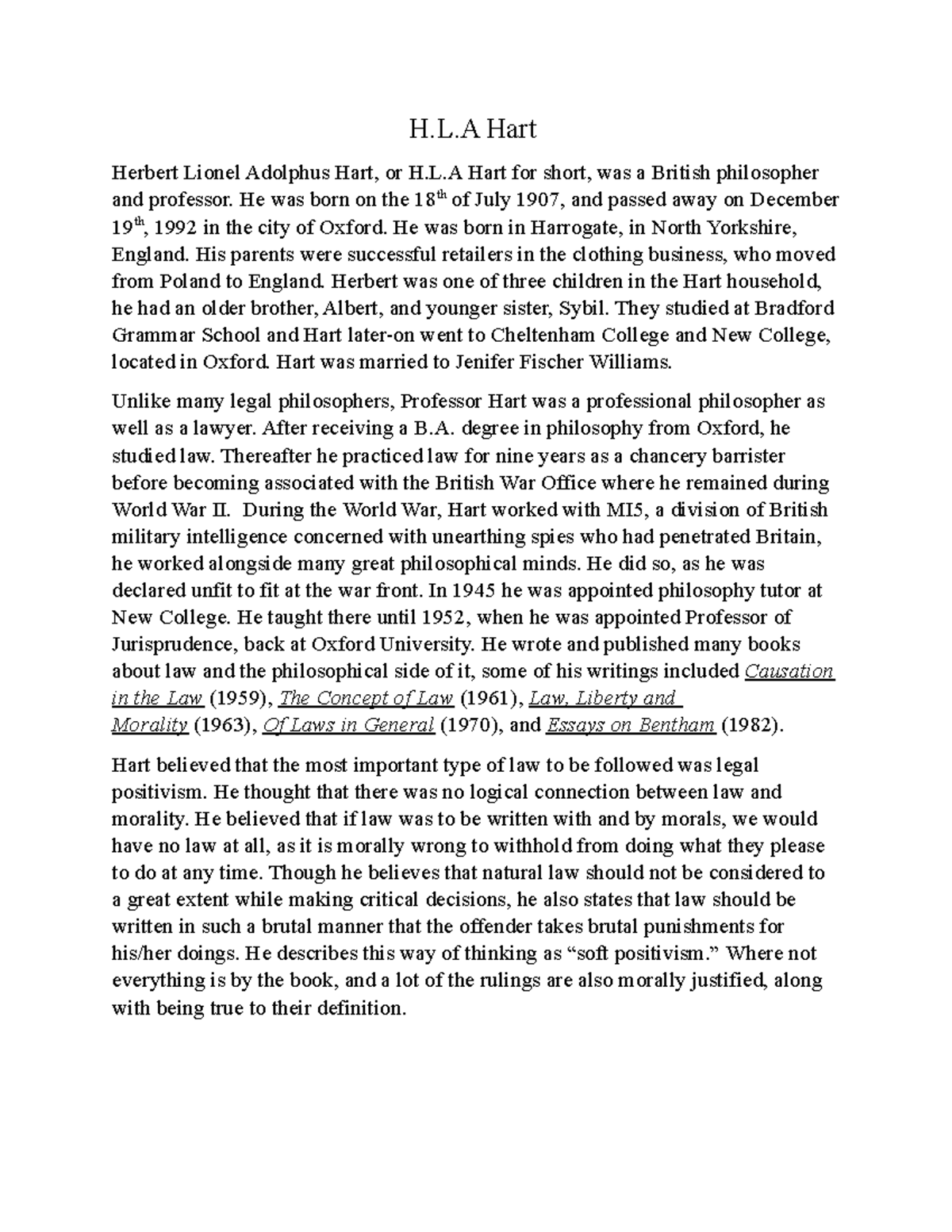 Hart law debate for and against criminals - H.L Hart Herbert Lionel ...