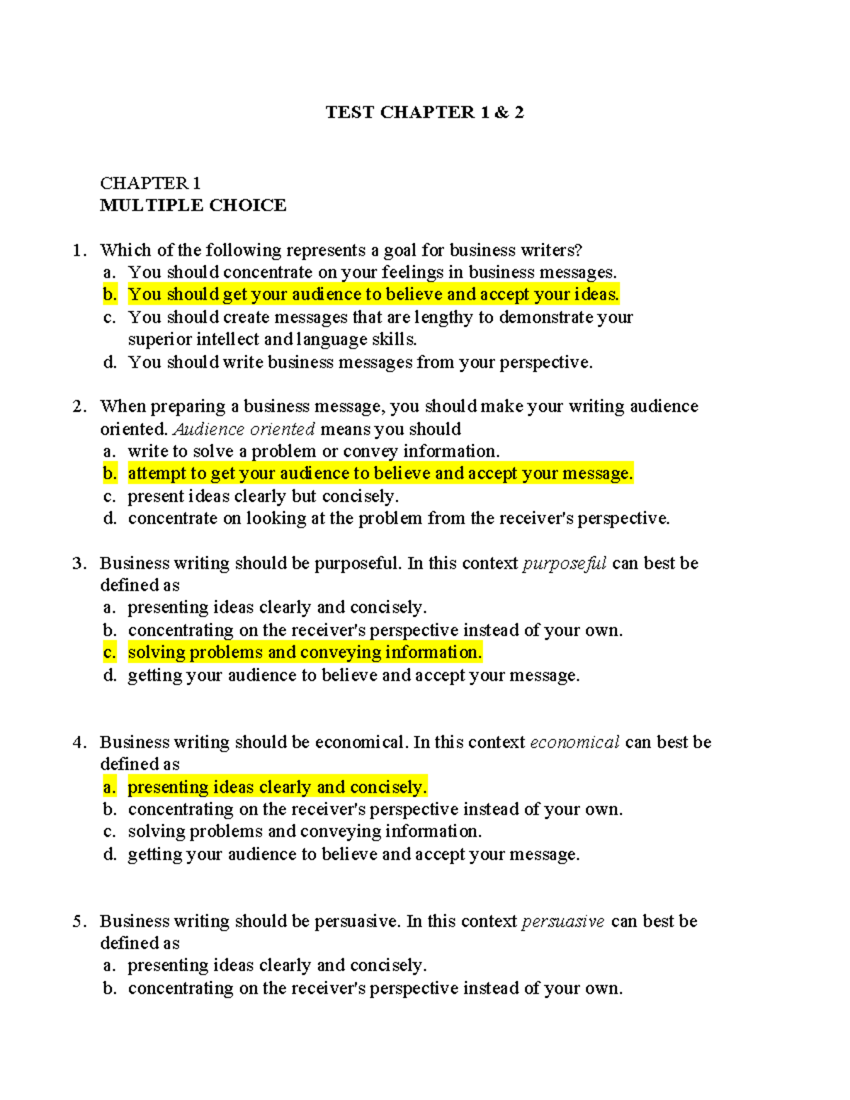 TEST Practice - Business Writing & Communication: Ch. 1 & 2 - Studocu