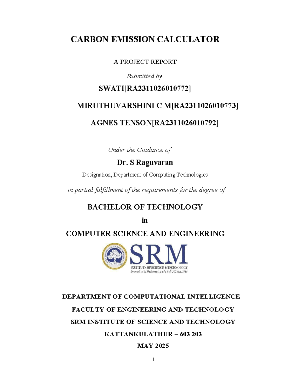 Carbon Emission Calculator Project Report - B.Tech 21CSC205P - Studocu