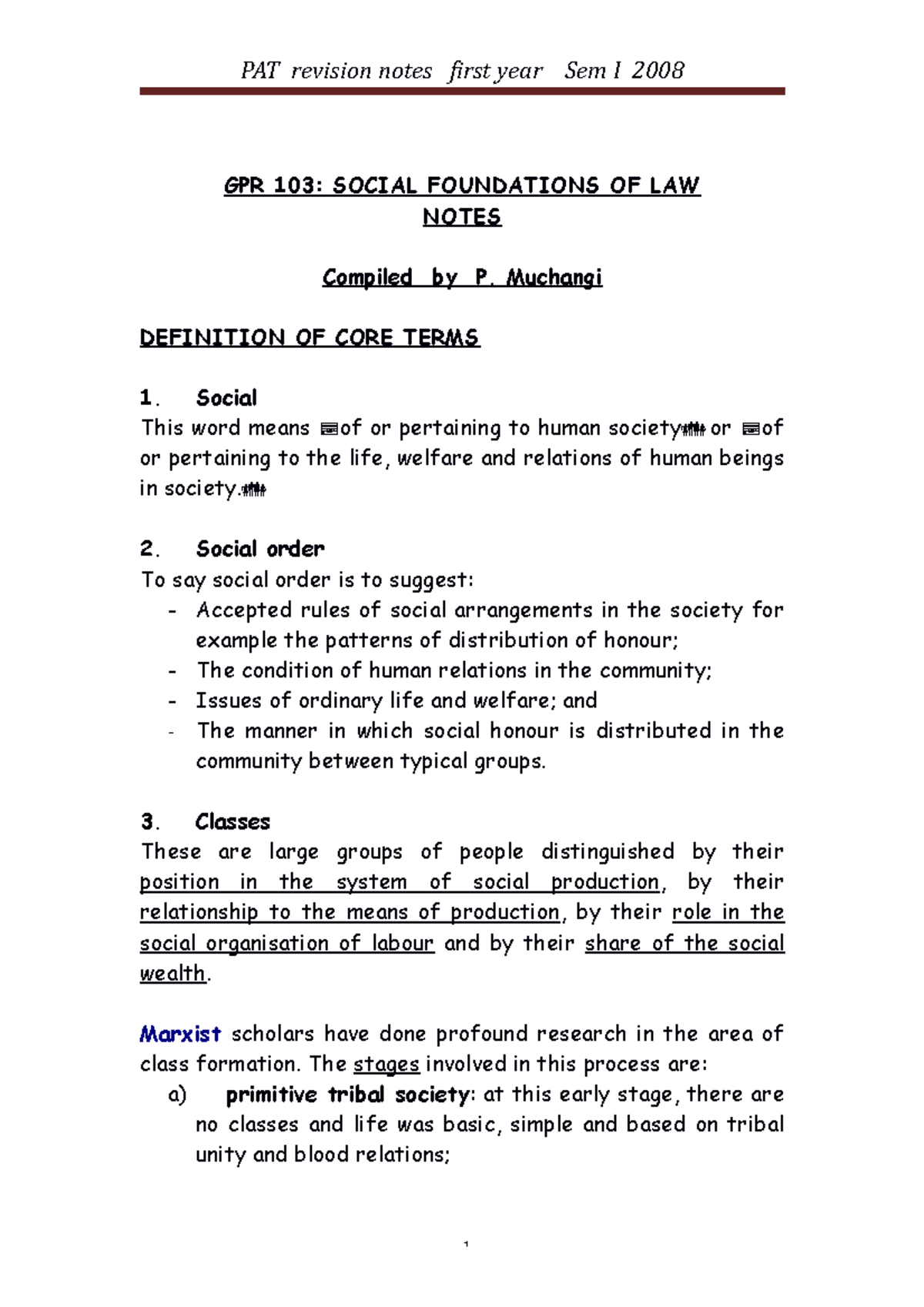 GPR 103: Social Foundations of Law Lecture Notes Overview - Studocu