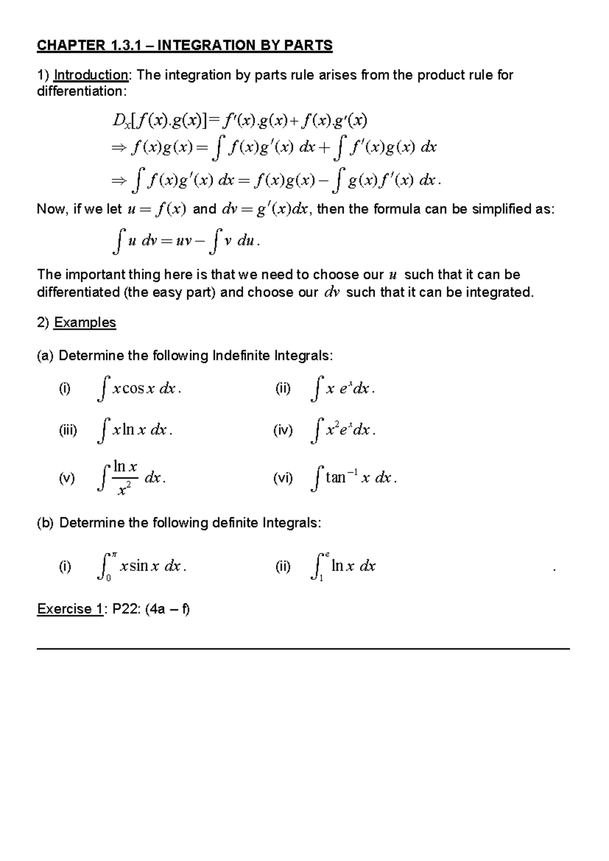 Chapter 1.3.1 - Integration by Parts: Concepts & Examples - Studocu