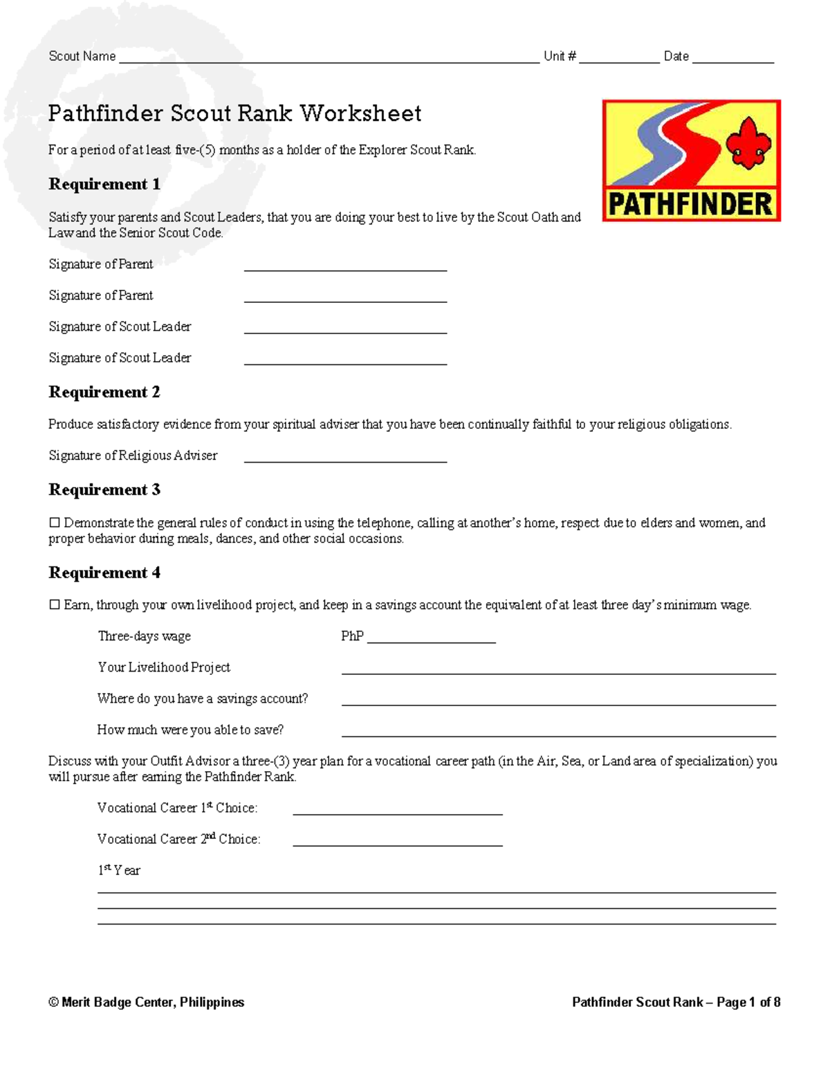 Pathfinder Scout Rank Requirements Worksheet - Studocu