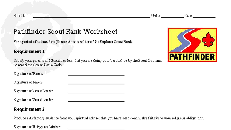 Pathfinder Scout Rank Requirements Worksheet - Studocu