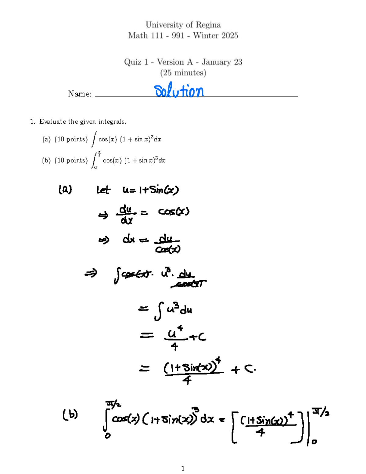 Solution-Quiz1(A) - Himanshu Gupta - MATH 111 - University of Regina ...