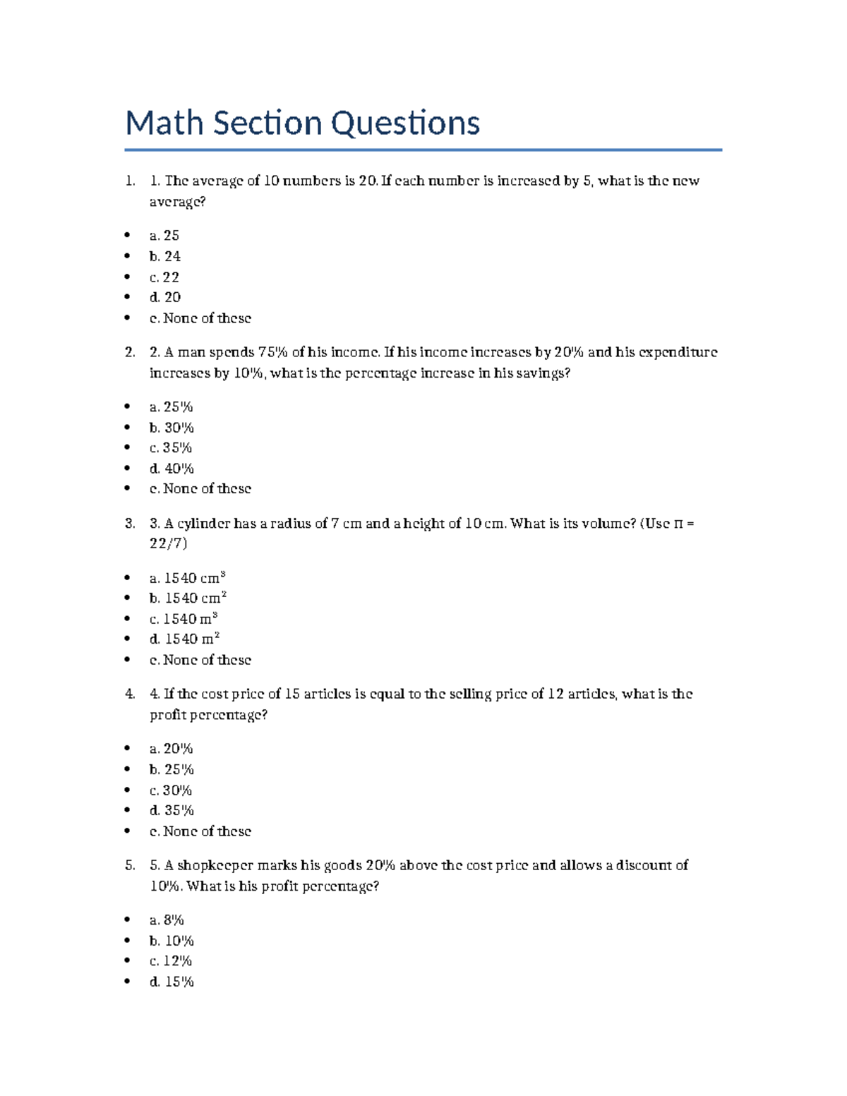 Math Section Questions - Practice Problems for Exam - Studocu