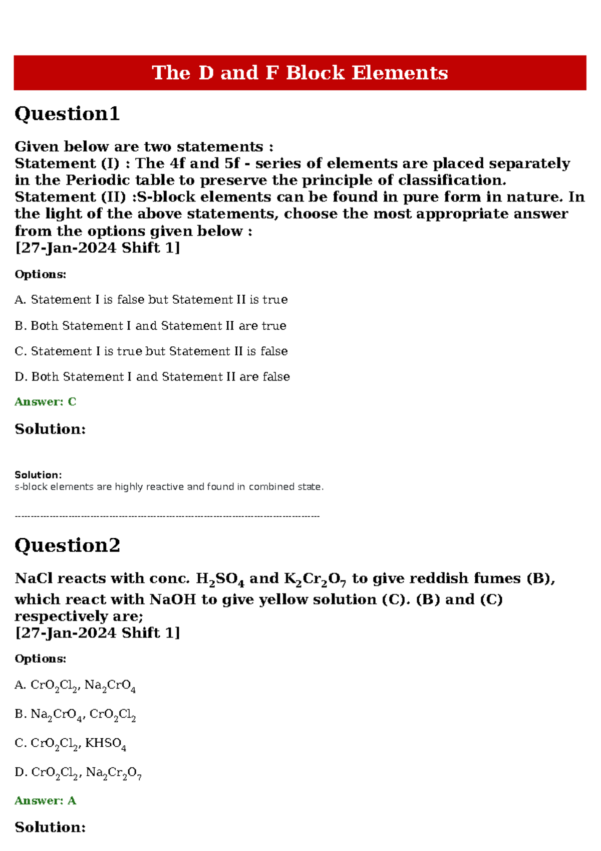 D and F Block Elements - Quiz Questions and Answers (Chem 101) - Studocu