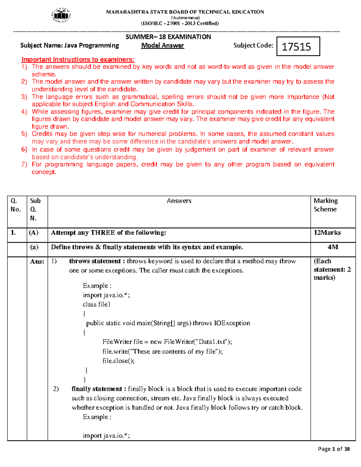 Java Programming Model Answers - Summer 2018 Exam (Code: 17515) - Studocu