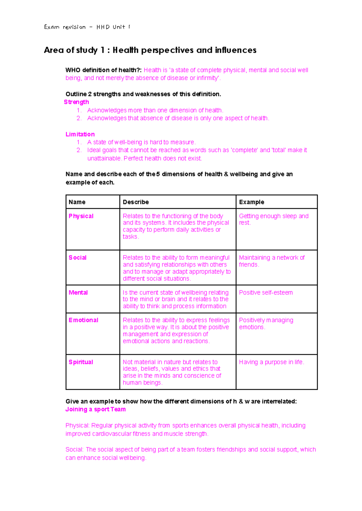 Exam Revision HHD Unit 1 2024: Health Perspectives, Nutrition & Youth ...