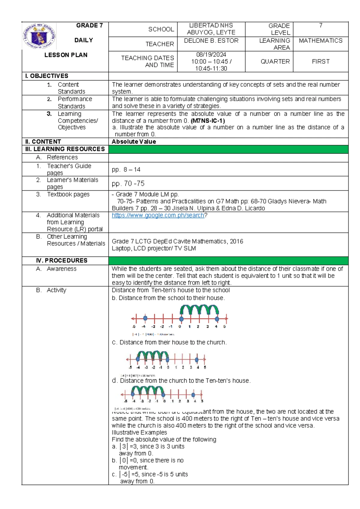 Grade 7 Math Lesson Plan: Sets and Real Number System - Studocu