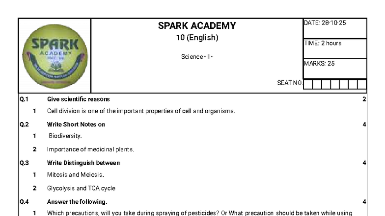 10th SCI 2 Chapter 2, 4, 8 Question Paper - Spark Academy Exam - Studocu