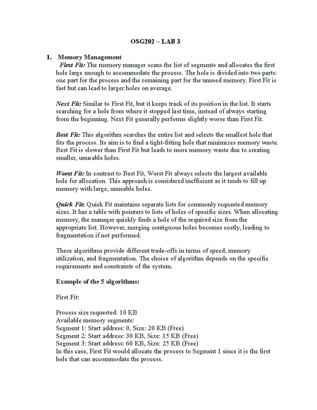 OSG202 - LAB 3 - Memory Allocation Algorithms and Page Management - Studocu