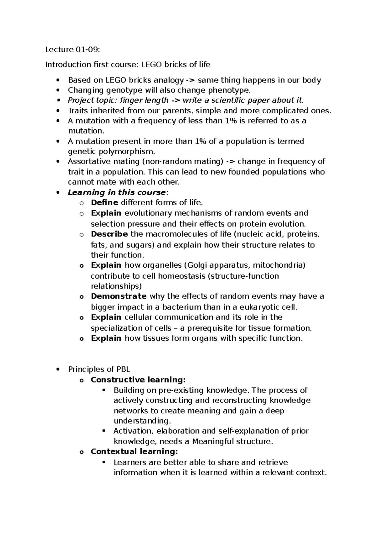 Lecture Notes: Introduction to Life Sciences - LEGO Bricks Analogy ...