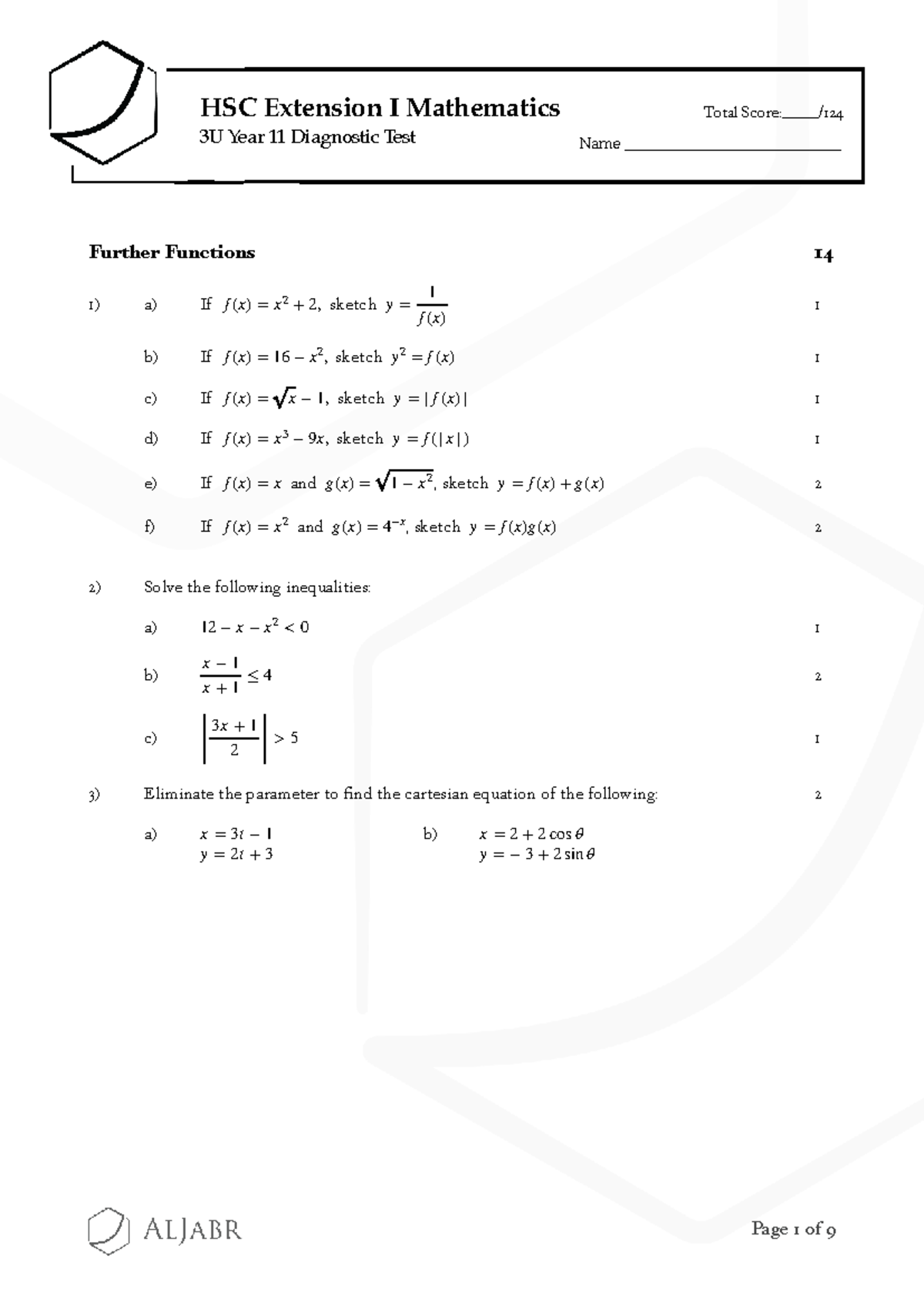 3U Year 11 Mathematics Diagnostic Test: Further Functions & More - Studocu