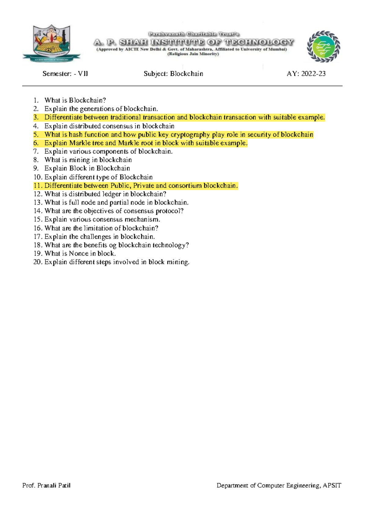 Question Bank for Blockchain (CS-701) Module 1 - Semester VII - Studocu