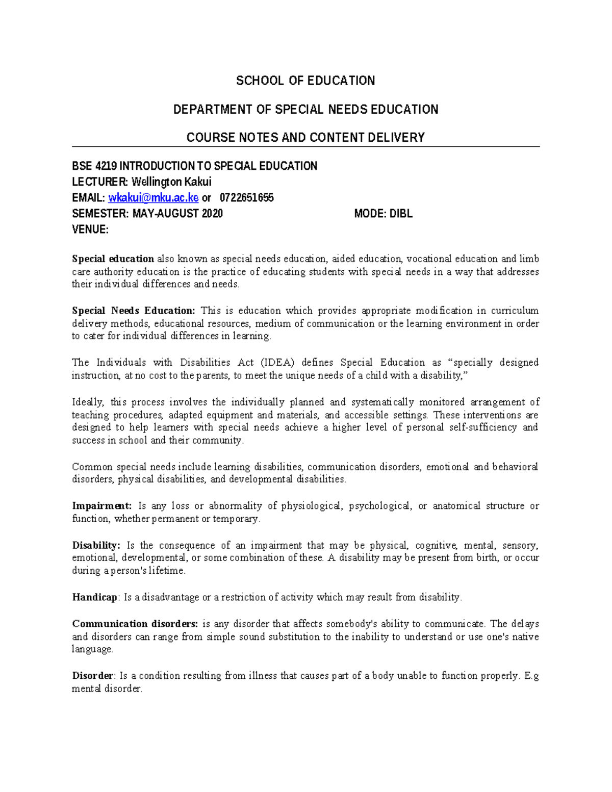 BSE 4219 Special Education Course Notes: Understanding Special Needs ...