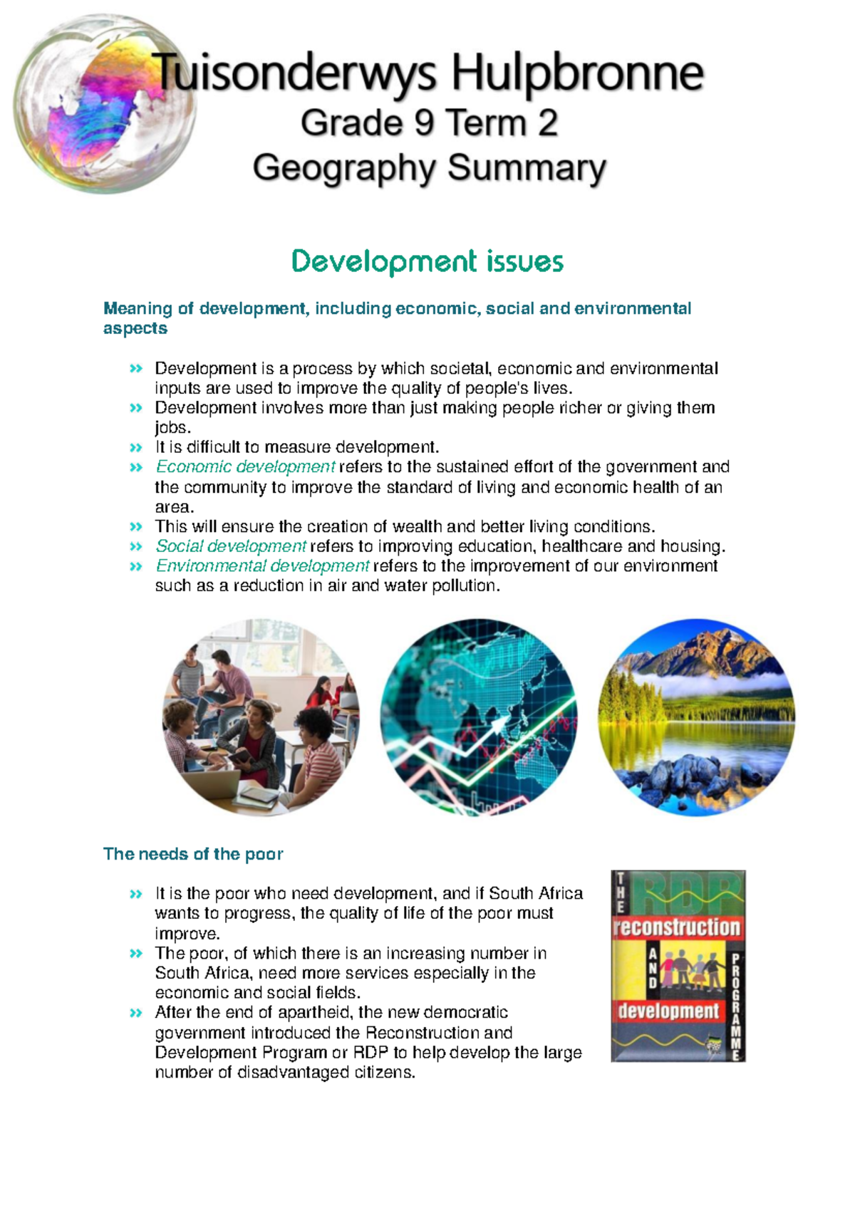 Grade 9 Term 2 Geography: Development Aspects Explained - Studocu