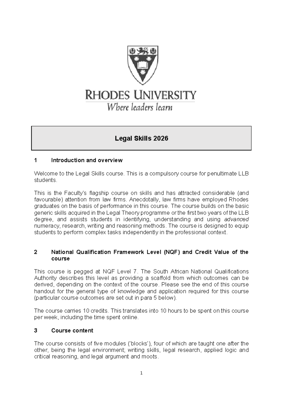 Legal Skills 2026: Course Outline and Assessment Overview - Studocu