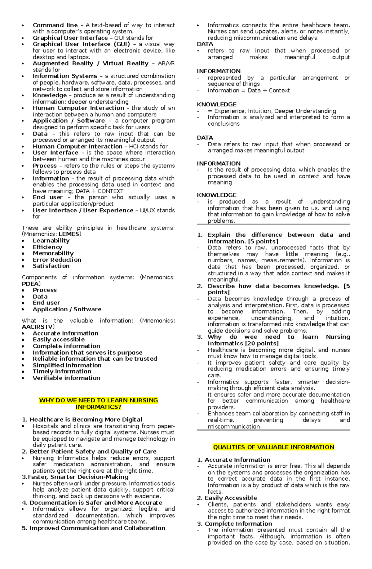 Nursing INFO Midterm: Understanding Data, Information, and Knowledge ...