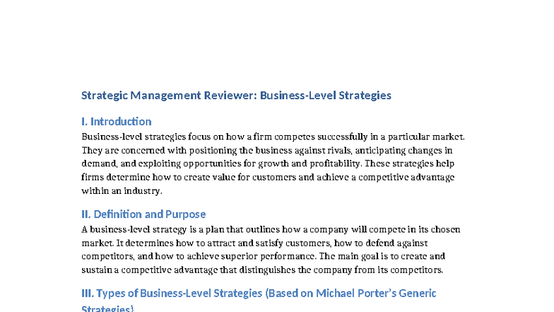 Strategic Management Reviewer: Business Level Strategies Overview - Studocu