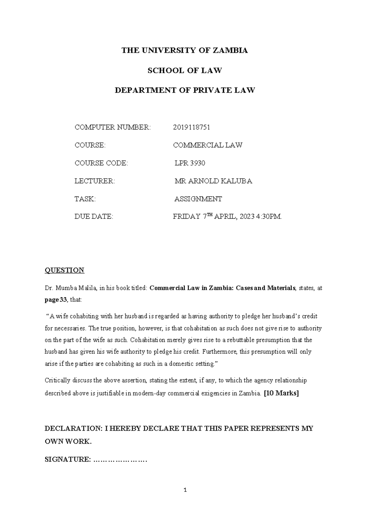 LPR 3930 Commercial Law: Agency by Cohabitation in Zambia Assignment ...