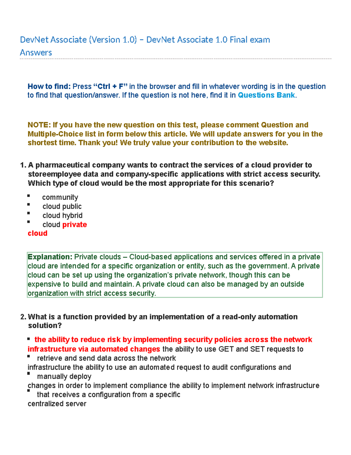 DevNet Associate 1.0 Final Exam Answers - Free PDF Guide - Studocu