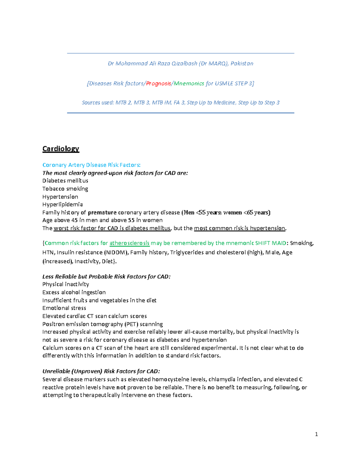 USMLE STEP 3: Risk Factors & Prognosis for CAD and Related Conditions ...