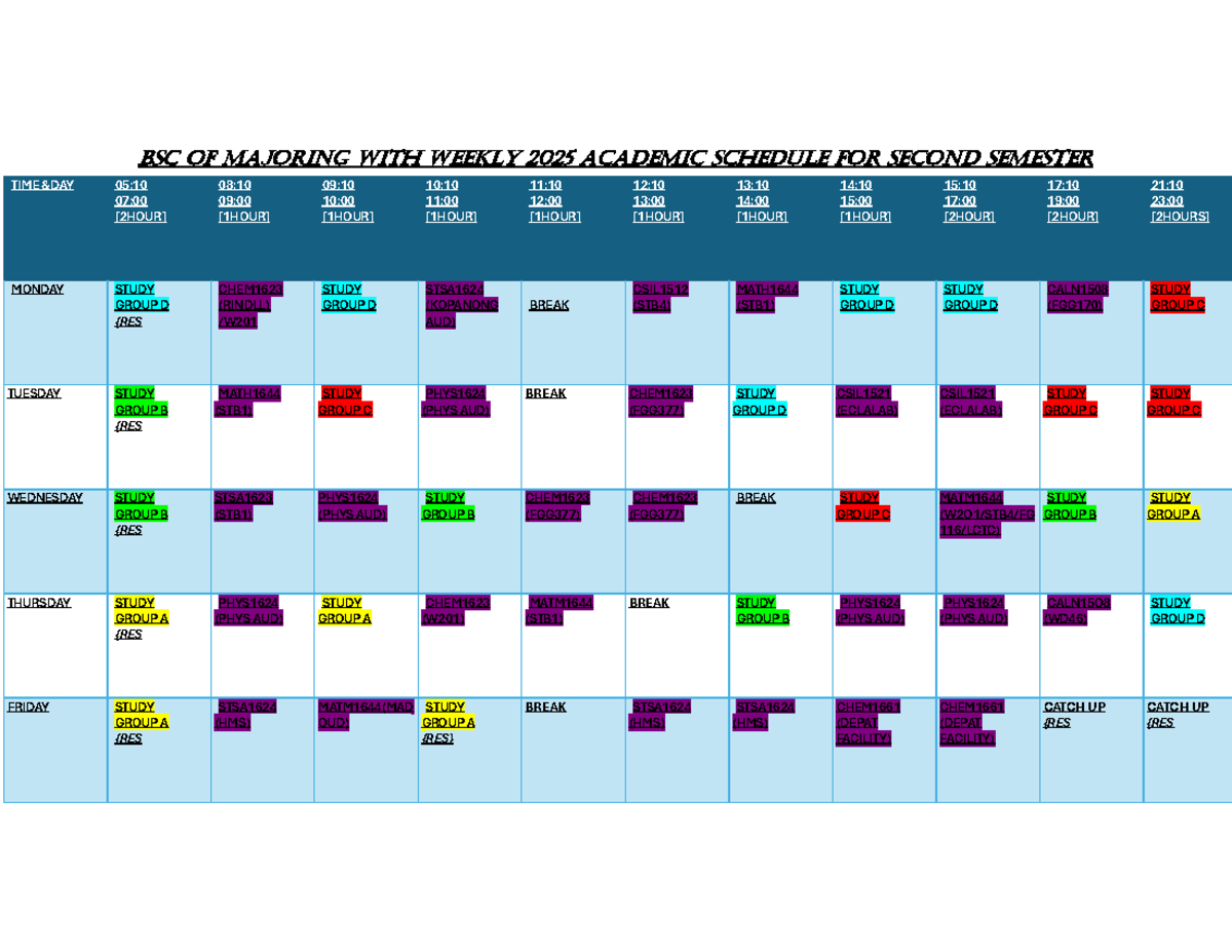 BSC Weekly Academic Schedule 2025 for Second Semester - Studocu