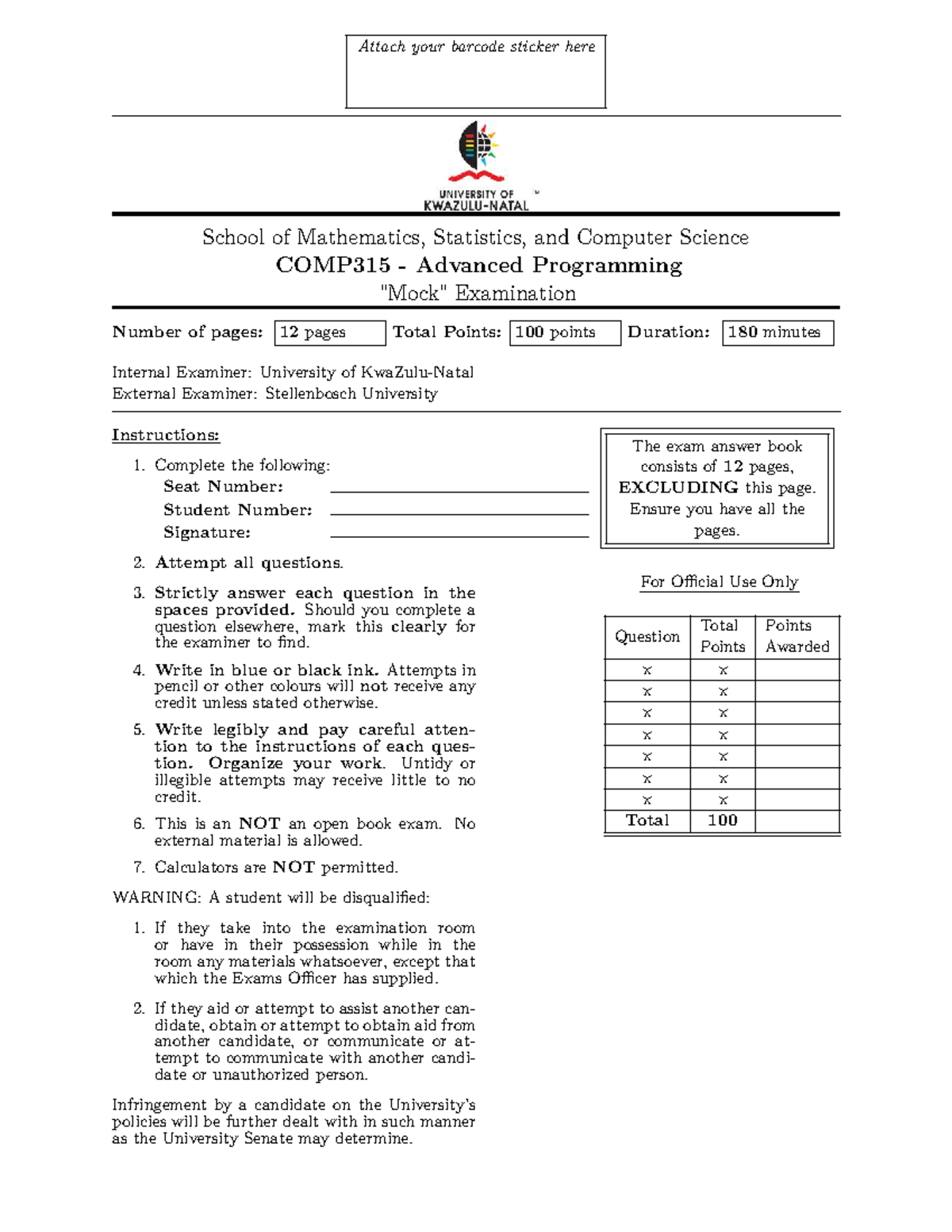 COMP315 Advanced Programming Mock Exam Guide - Studocu