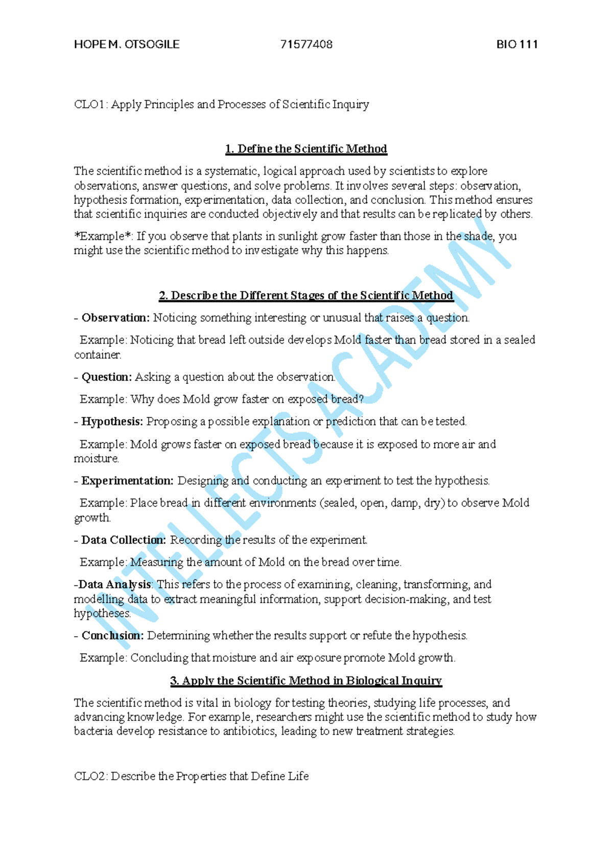 BIO 111 Test 1 Revision Notes: Scientific Method & Properties of Life ...