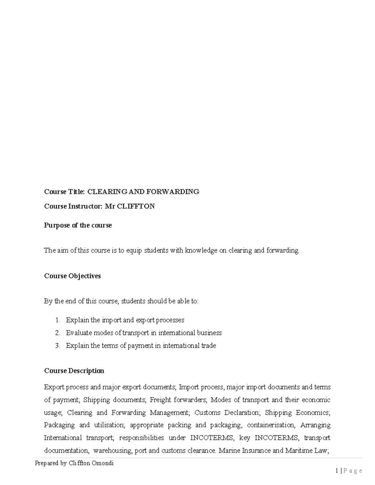 Clearing and Forwarding Course Notes (CAT1) - Prepared by Cliffton ...