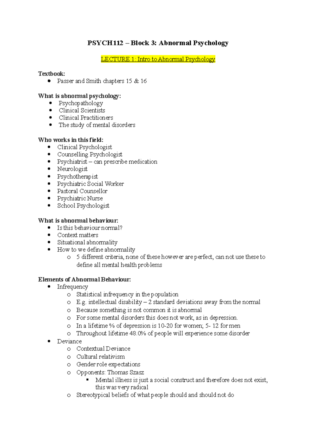 Psych 112 - Block 3- Abnormal Psychology Lecture Notes - PSYCH112 ...