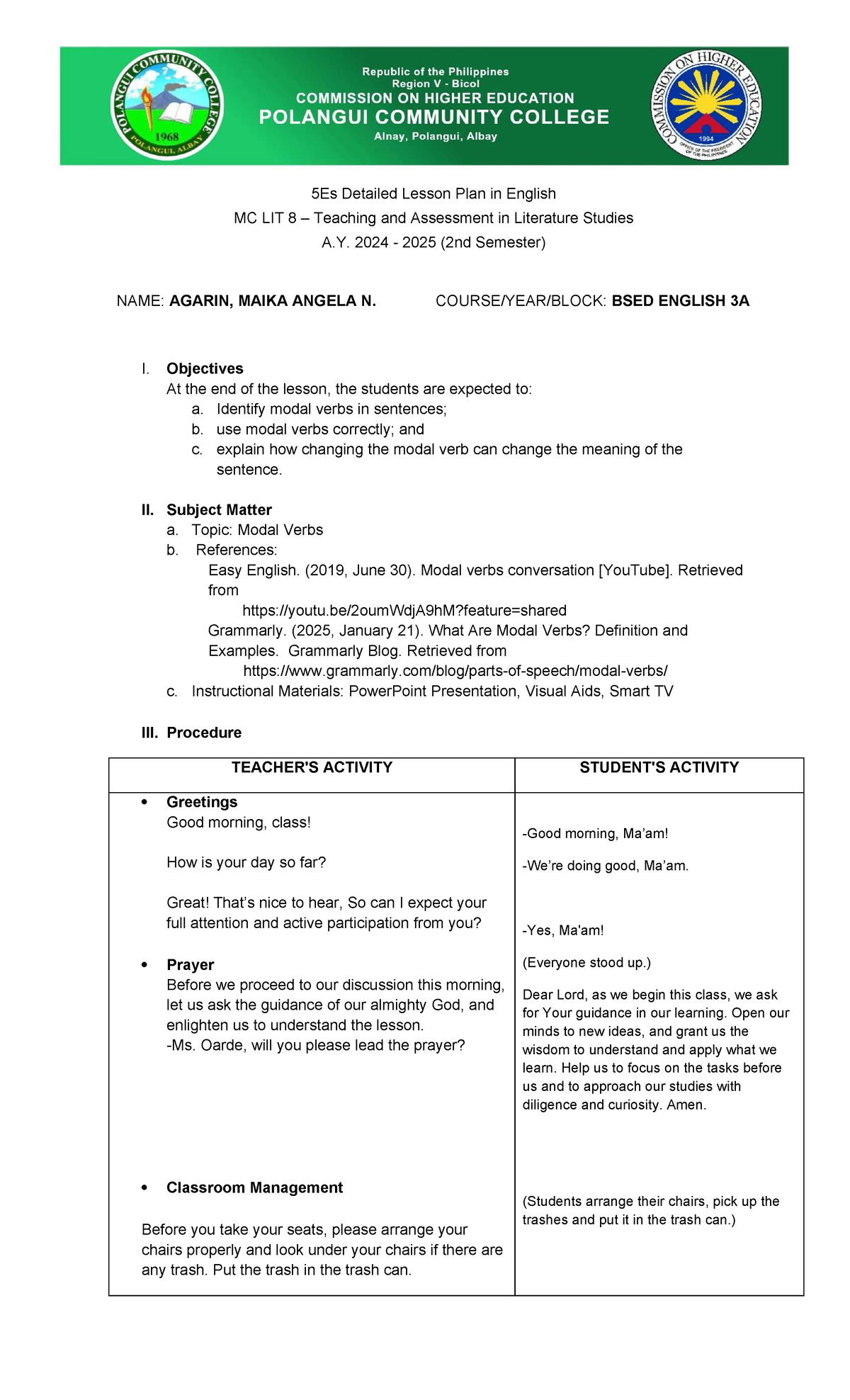 5E's Detailed Lesson Plan on Modal Verbs - MC LIT 8 (A.Y. 2024-2025 ...