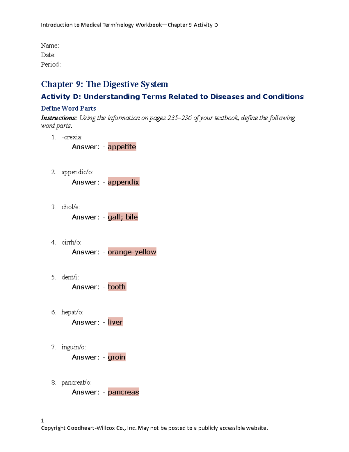 Medical Terminology 9: Chapter 9 Digestive System Activity D - Studocu