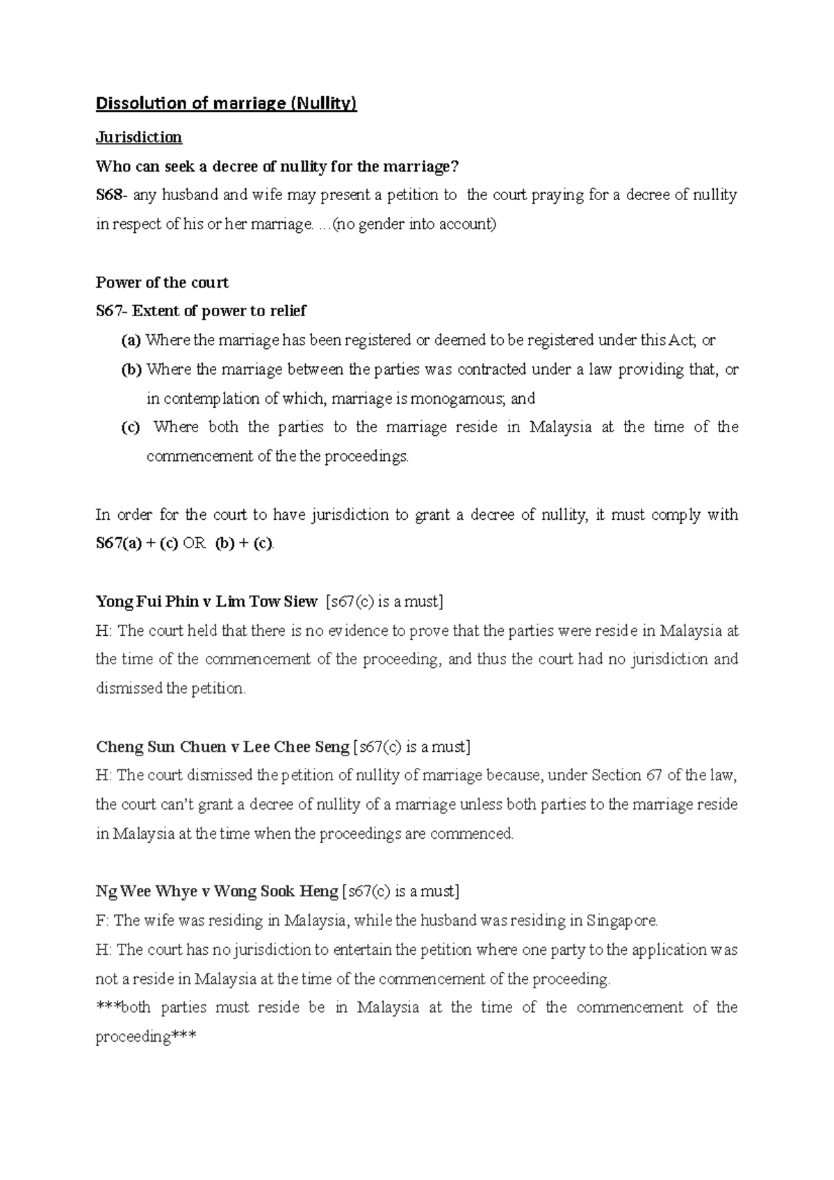 Nullity notes - Dissolution of marriage (Nullity) Jurisdiction Who can ...