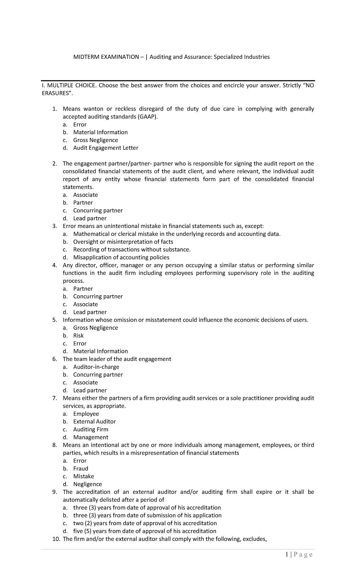Midterm Exam: Auditing Principles in Specialized Industries - Sample ...