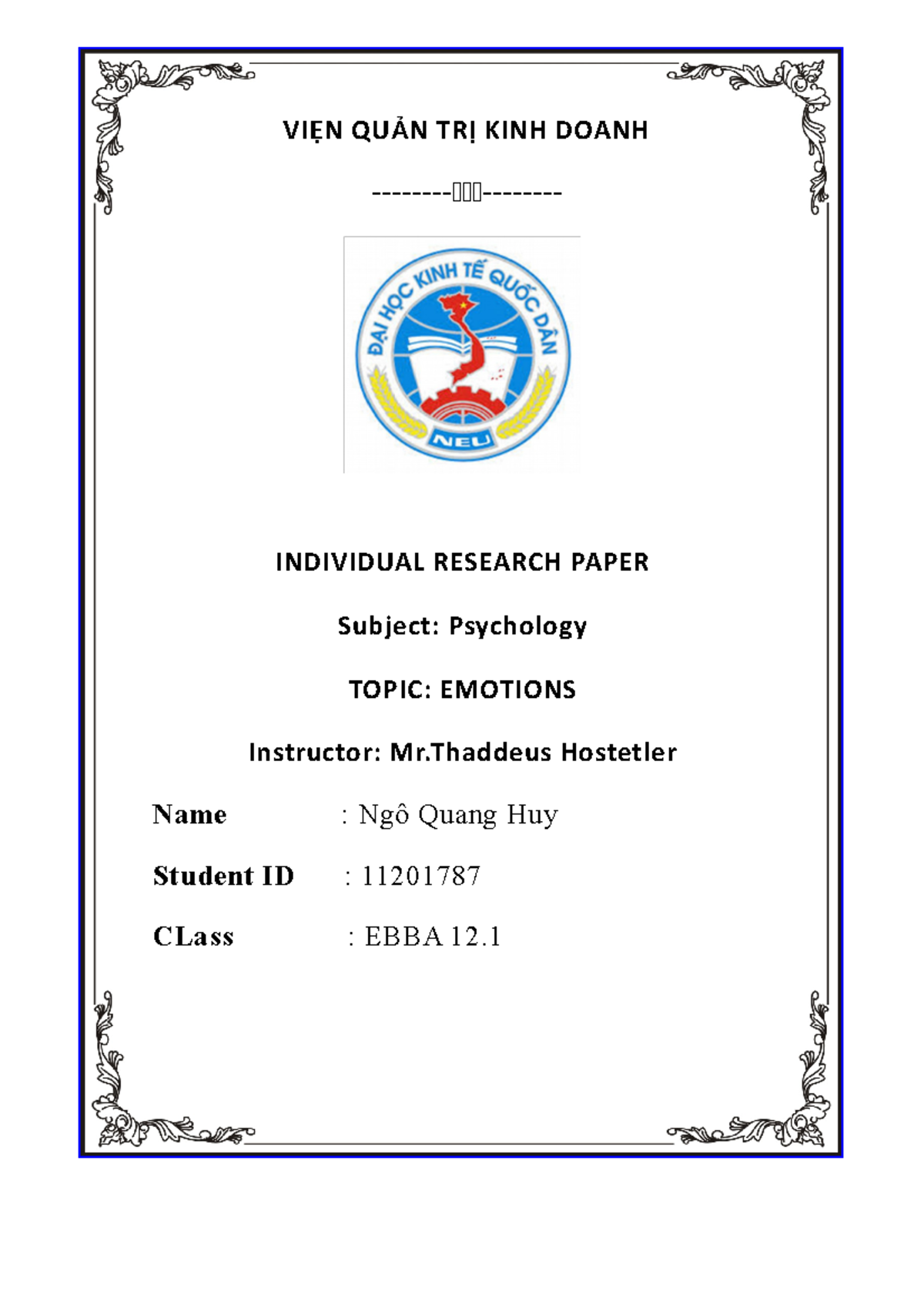 Emotions in Psychology: Individual Paper for EBBA12.1 by Quang Huy ...