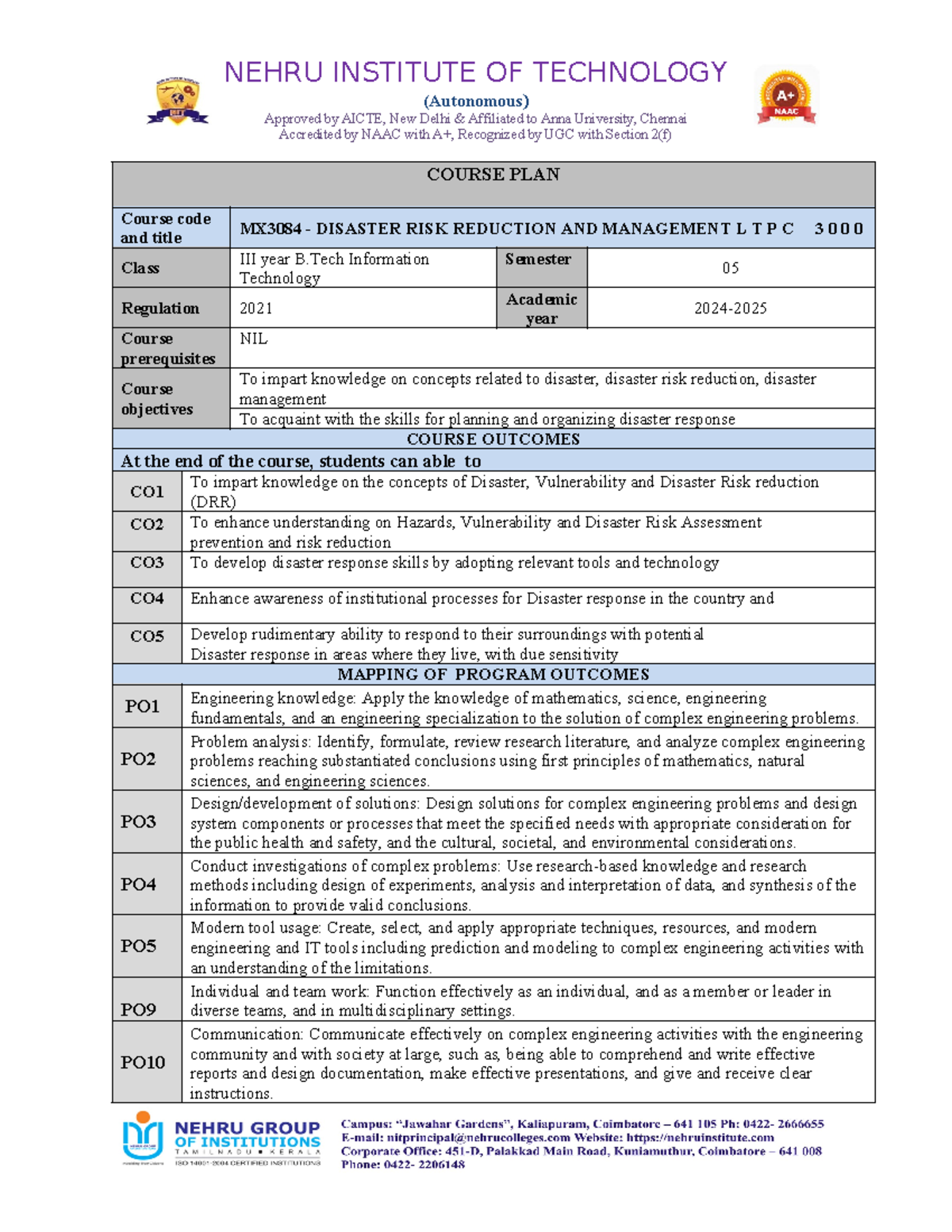 MX3084 Disaster Risk Reduction & Management Course Plan (Sem 5) - Studocu