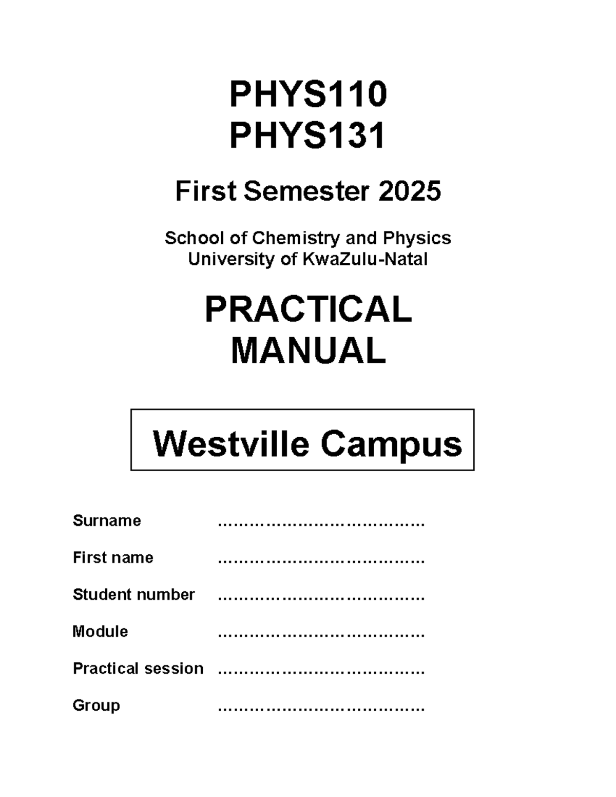 PHYS110 PHYS131 Practical Manual for Semester 1, 2025 - Studocu